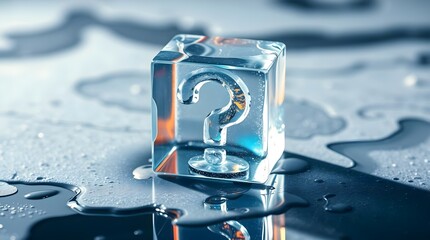 ice cube with a question mark melting on table, space for copy