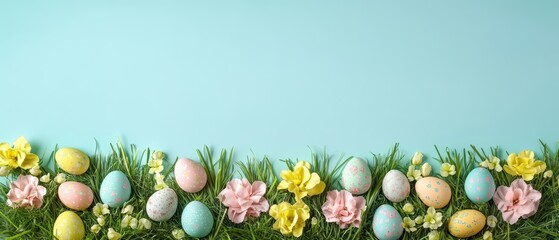 Blue background with a bunch of colorful eggs and flowers. Banner