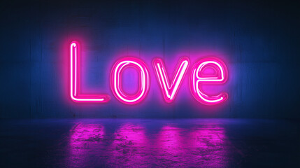 Bright pink neon Love sign with a reflective surface on a dark textured background