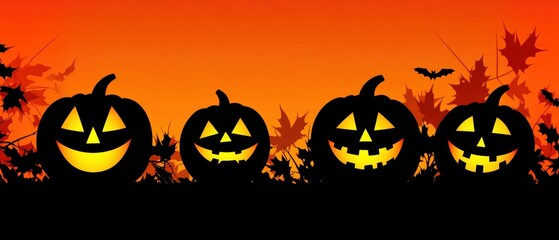 Row of pumpkins with their mouths open and eyes glowing in the dark. Banner