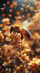 Vibrant macro view of a honeybee perched on blooming flowers, surrounded by a warm glow and a dynamic swarm of other bees in the background. AI generated.