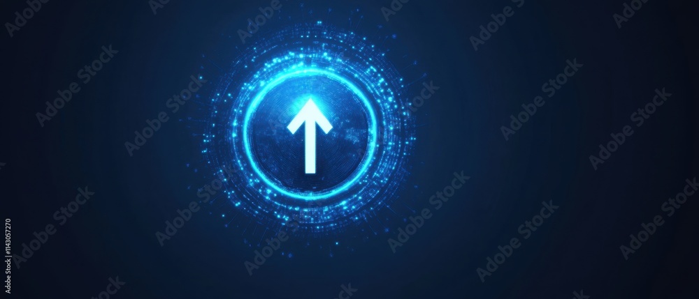 Poster blue digital background with a cloud icon and an upward-pointing arrow sign in a circle on a dark bl