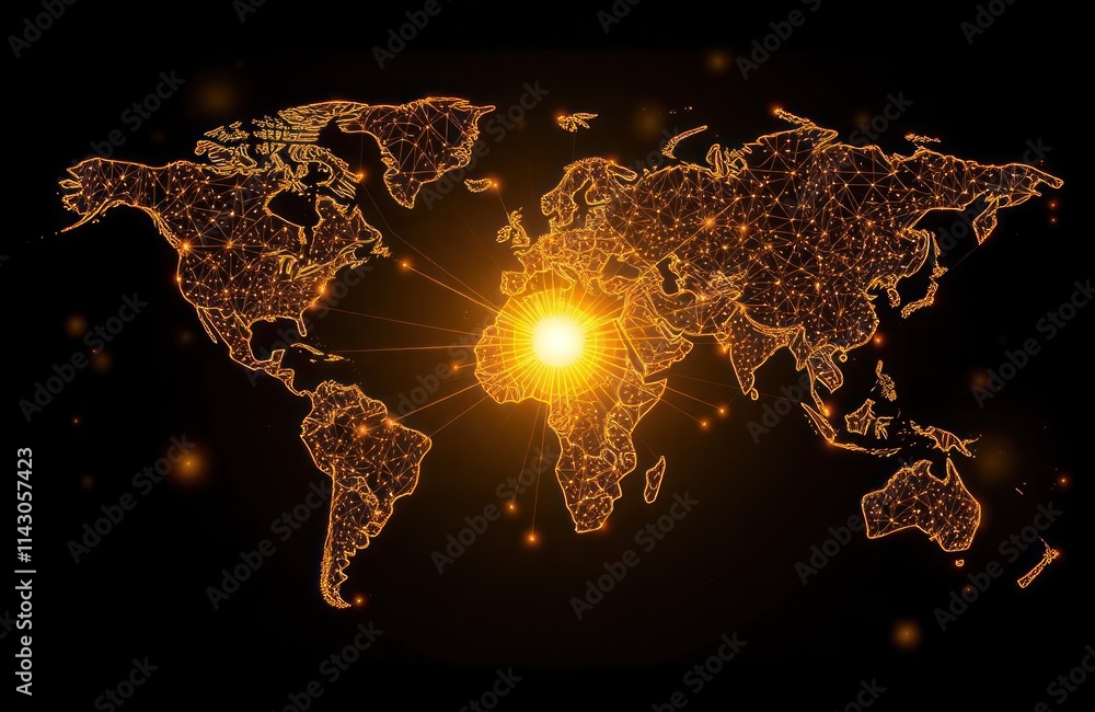 Poster global network map visualization on glowing display. world map with bright glowing lines connecting 