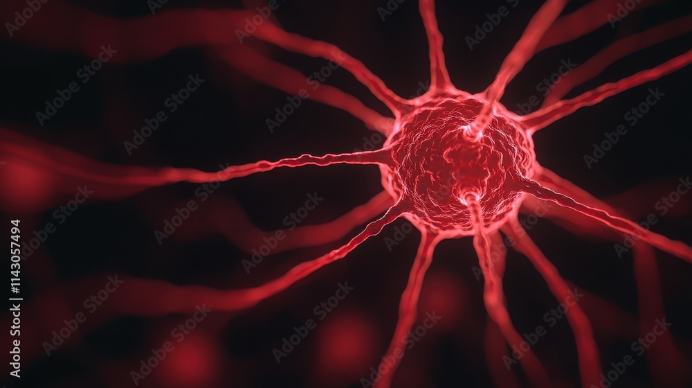 Poster close-up view of a vibrant red neuron showcasing intricate details of its structure and connections 