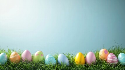 Fototapeta premium vibrant mock-up with colorful Easter eggs scattered on a lush green grass bed, forming a border along the bottom and sides. The center is left blank with a light sky gradient