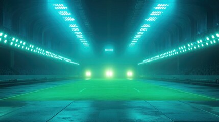 Futuristic green lit tunnel, empty road, night scene.