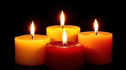 Four illuminated candles in warm colors on a black background.