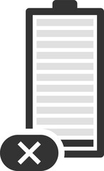 Simple battery icon showing discharged status with a cross sign and grey charge indicator, useful for energy, power and electricity concepts