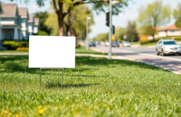 Blank yard sign stands in grassy area near city street on sunny day. Blank white sign ready for message advertisement. Green grass surrounds sign. Residential houses, cars visible on blurred