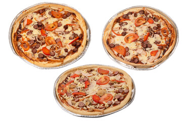 Tasty pizza with salami, sausages, cheese, onions and sauce.