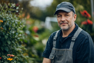 Image of smiling landscaping and gardening contractor in backyard garden generative ai