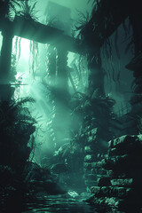 Eerie Green Glow:  A haunting, post-apocalyptic scene of an overgrown, forgotten city. The green glow casts an eerie light on the crumbling structures, hinting at a forgotten past. 