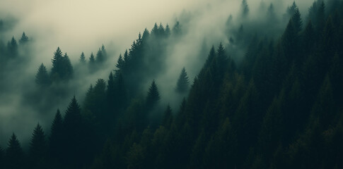Dense Pine Forest Shrouded in Mystical Fog