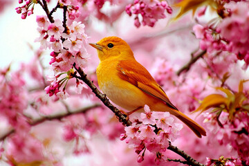 Bright orange bird among blooming sakura flowers