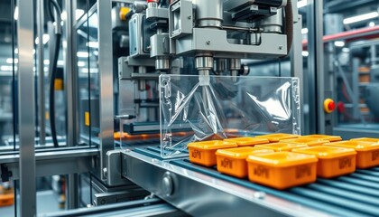 Fototapeta premium Sophisticated machine wraps, seals products on fast production line. Orange containers move on conveyor belt. Automated packaging system in factory environment. Modern tech solution for food retail