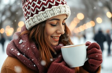 Young woman enjoys hot drink in snowy winter park. Wears warm winter clothing. Snowy landscape with...