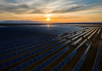 a huge solar farm, solar panels, workers with solar panels
