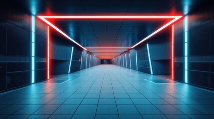 Futuristic neon-lit corridor with red and blue glowing lines.