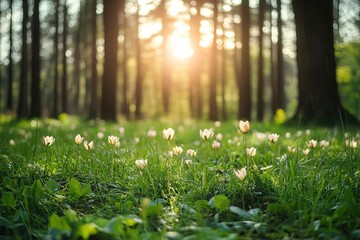 Fototapeta premium Sunlight filtering through forest upon blooming flowers.
