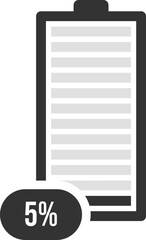 Minimalist vector illustration of a battery icon with a charge indicator showing five percent remaining, representing low power and the need to recharge