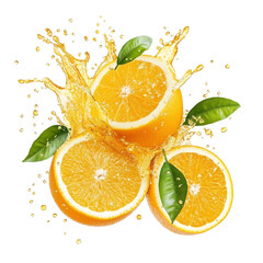 Orange fruit juice splash with leaves