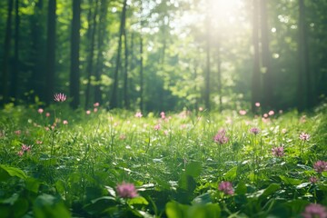 Sunlit forest meadow with pink flowers and lush greenery.