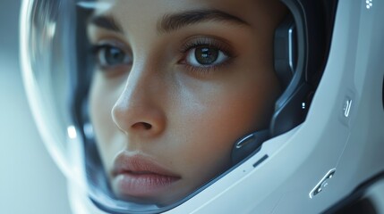 Close-up of a female astronaut with reflective helmet and focused expression