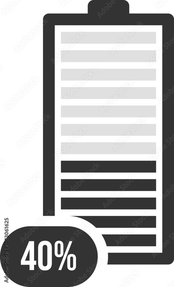 Poster battery icon displaying 40 percent charge, representing the remaining power level of a device. ideal
