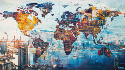 Fototapeta premium Collage of Global Maps Highlighting Economic Strengths: Top Industries, Trade Routes, Regional Specializations with Dynamic Graphics of Energy Production, Technology Hubs, and Global Supply Chains Enh