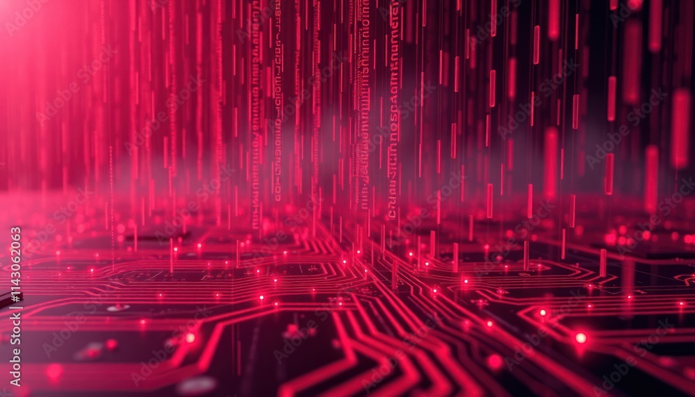 Poster glowing red binary code rain falls on tech circuit board. abstract digital pattern. futuristic tech 