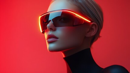 Close-up portrait of a futuristic woman with glowing red neon lighting