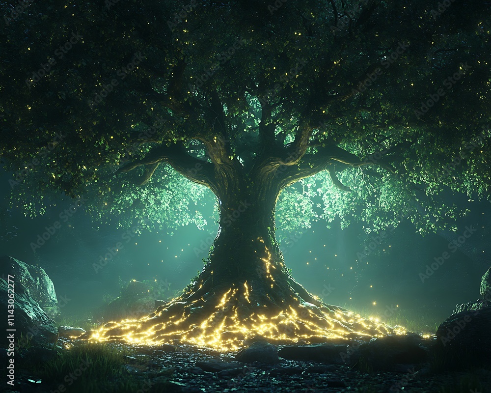 Poster enchanting glowing tree in dark forest setting