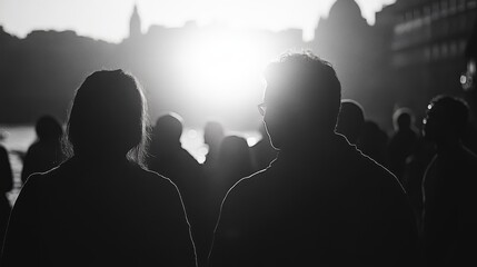 Black and white silhouettes of a crowd standing in bright backlight
