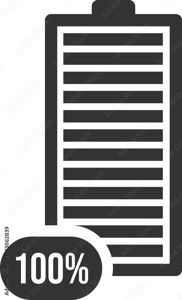 Poster full battery charge indicator displaying one hundred percent power level, isolated on a clean white 