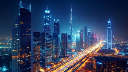 Fototapeta premium Modern city skyline at night with glowing skyscrapers