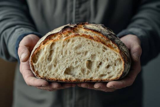 Freshly baked sourdough bread held by hands with rustic texture indoors