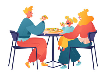 Family in pizzeria, cafe, restaurant or food court in Shopping Center. Young father, mother with little girl enjoying traditional Italian dish. Concept of family vibes fast food, time in family circle