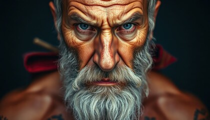 Elderly man with intense gaze, fierce expression. Bearded, scarred face. Strong, determined. Ancient warrior mythical figure. Dark background. Powerful image of history, saga. Focus on resilience,