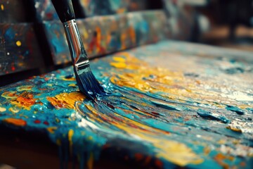 Fototapeta premium Paintbrush Applying Blue And Yellow Paint To Canvas