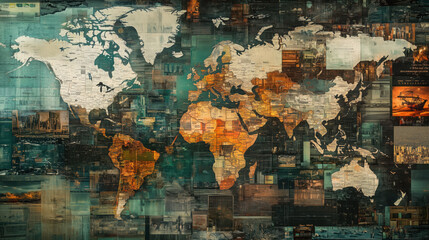 Collage of Global Maps Illustrating Dominant Economic Sectors, Key Exports, Industries, and Natural Resources with Charts and Futuristic Data Overlays Highlighting International Trade Patterns and Eco