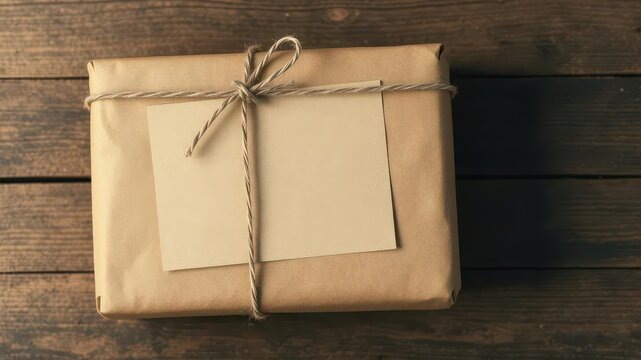 Rustic brown paper parcel tied with twine, blank label, brown,organic,element