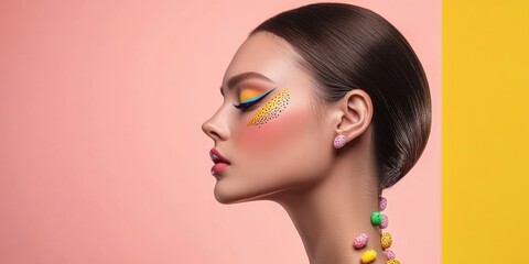 A model showcases bold makeup featuring bright colors and artistic designs while adorned with fun accessories set against a pastel background. Generative AI