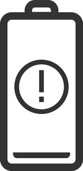 Simple battery icon depicting low charge, featuring an exclamation mark warning sign, presented as an isolated vector illustration on a clean white background