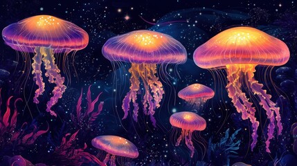 Mesmerizing jellyfish in a vibrant cosmic dreamscape.  Their bioluminescent bodies glow with warm and cool hues against a starry backdrop.