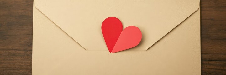 Fototapeta premium Simple kraft paper envelope with a single red paper heart inside, valentines,texture
