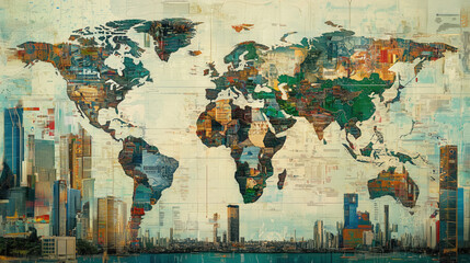 Collage of Global Maps Illustrating Dominant Economic Sectors, Key Exports, Industries, and Natural Resources with Charts and Futuristic Data Overlays Highlighting International Trade Patterns and Eco