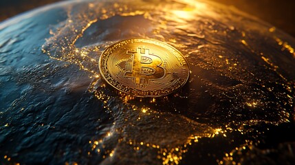 Golden Bitcoin on Earth at night, global cryptocurrency concept.