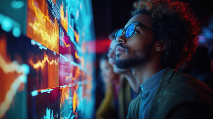 Obraz premium Engaged individual analyzes data trends on a digital display in a modern technology hub at night