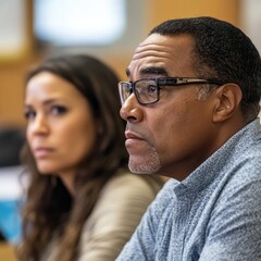 Close-up photograph of a concerned African American man during a PTA meeting, discussing school budget cuts. Natural light and candid focus highlight his serious, engaged expression