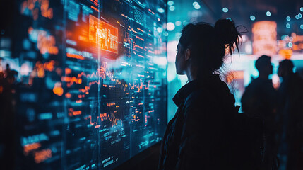 Woman gazes at glowing digital display in a modern exhibition space during an interactive technology event